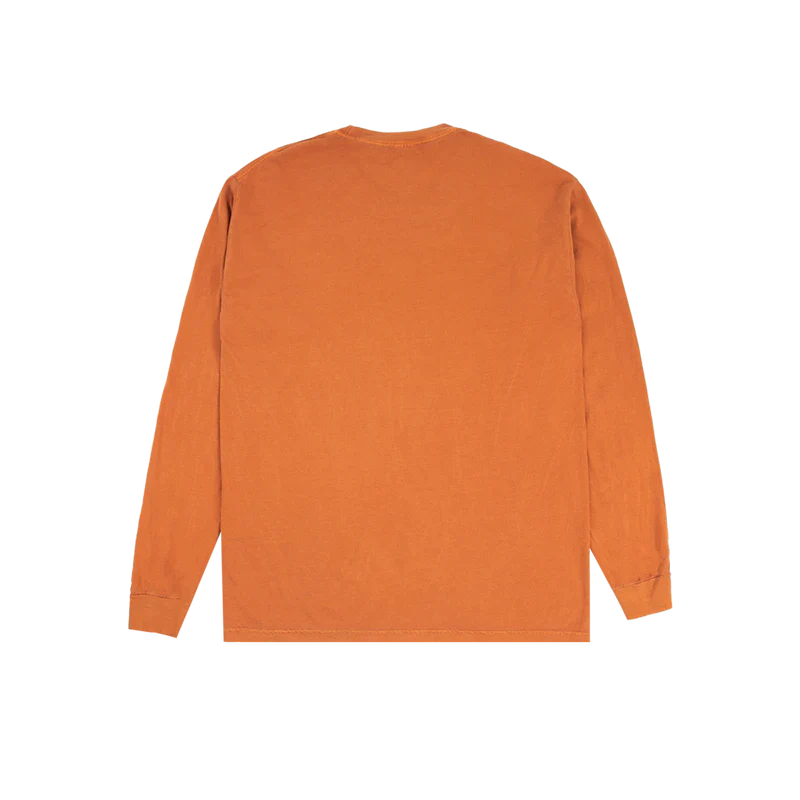 Back view of the orange Billie Eilish BLOHSH Logo Long Sleeve shirt with a plain design.