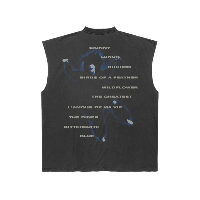 Back view of Billie Eilish Tracklist Cutoff Muscle T-Shirt with album tracklist design including song titles like 'Skinny,' 'Lunch,' and 'Chihiro'.