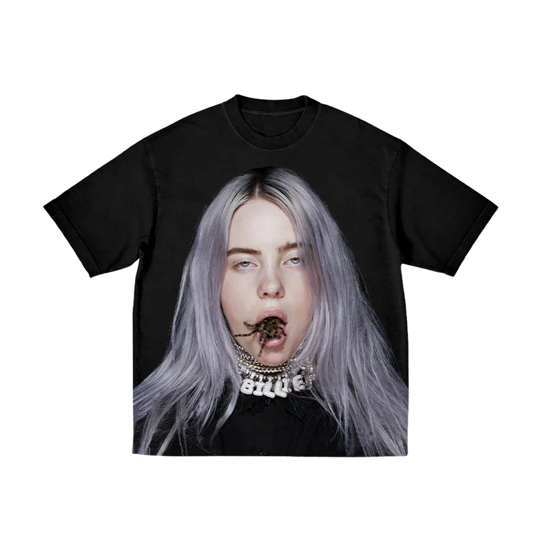 Billie Eilish Tarantula Mouth T-Shirt featuring a bold graphic of Billie Eilish with a tarantula in her mouth on a black t-shirt.