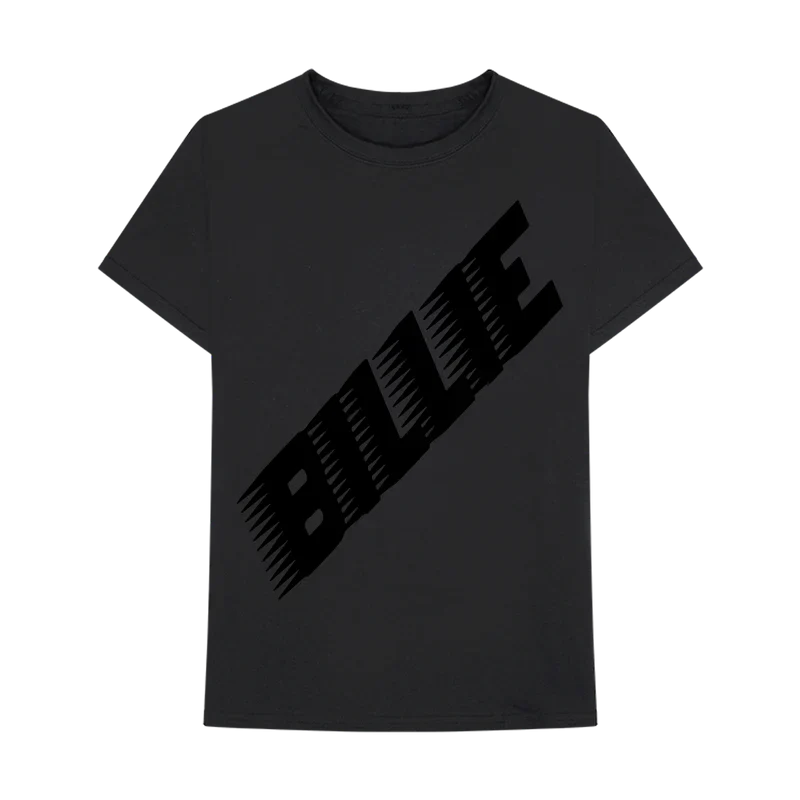 Black T-shirt with "BILLIE" printed in bold black diagonal text, part of the Billie Eilish merch collection.