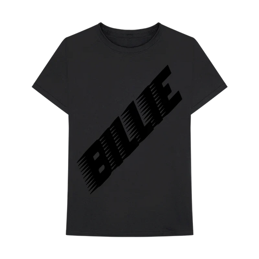 Black T-shirt with "BILLIE" printed in bold black diagonal text, part of the Billie Eilish merch collection.