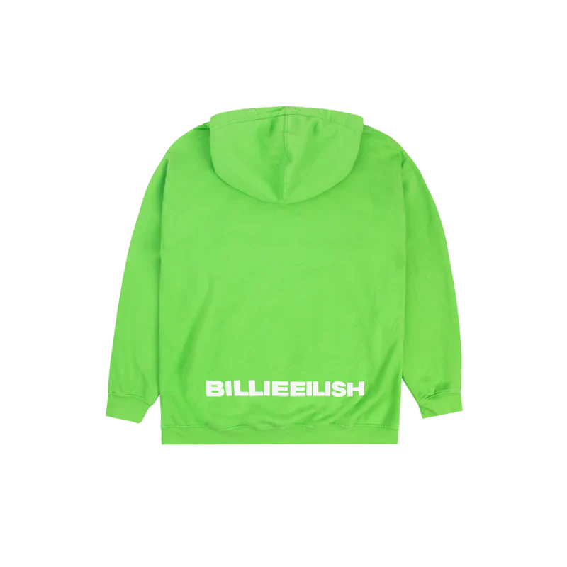 Back view of the Blohsh Green Hoodie from Billie Eilish merch, featuring "BILLIE EILISH" printed in white at the bottom