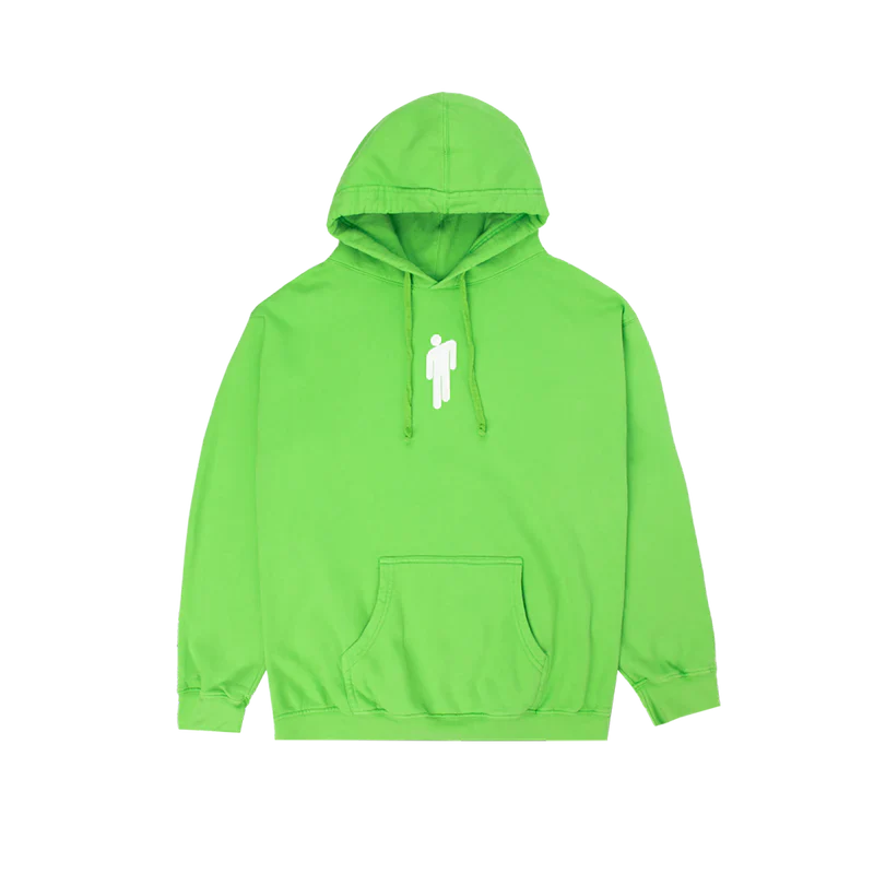 Bright green hoodie with white stick figure logo on the front, part of the Billie Eilish Blohsh merch collection.