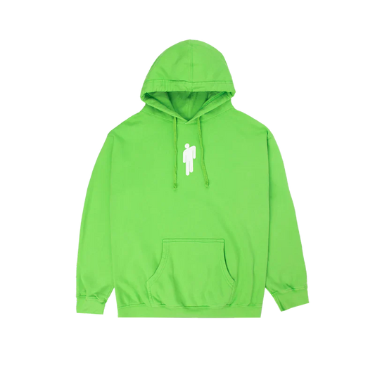 Bright green hoodie with white stick figure logo on the front, part of the Billie Eilish Blohsh merch collection.