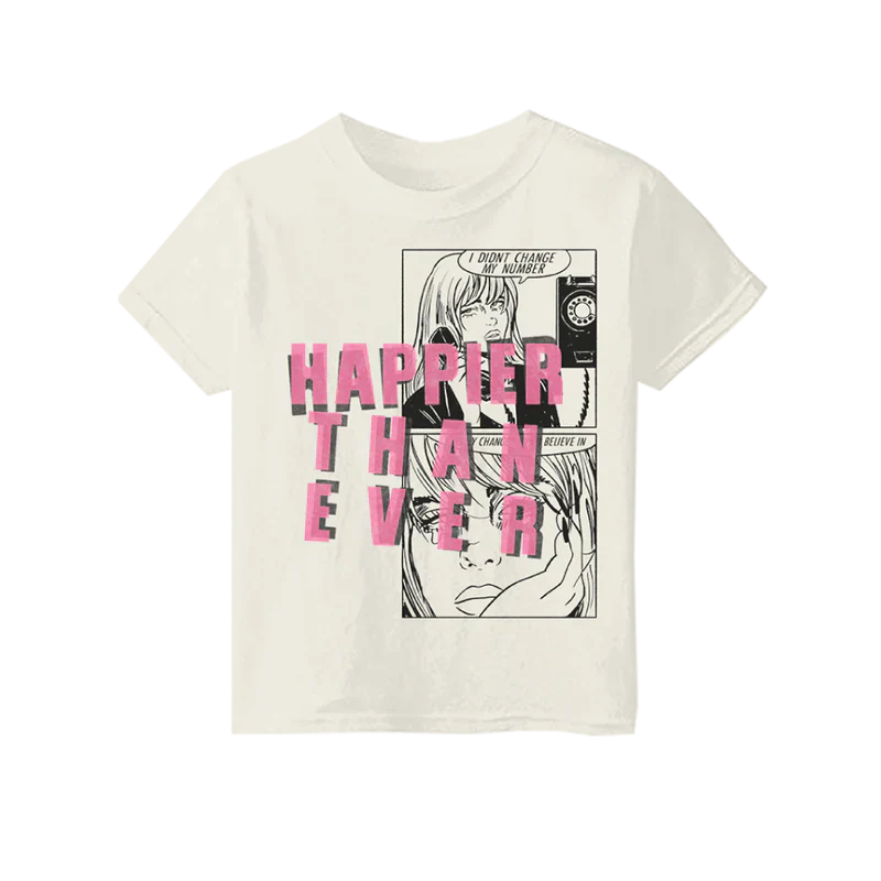 Product image of the white "Didn't Change My Number" organic youth T-shirt from Billie Eilish merch, featuring pink "Happier Than Ever" text and a black-and-white graphic