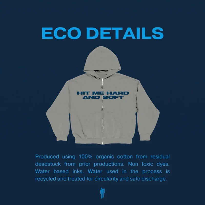 Eco-friendly production details of Billie Eilish Hit Me Hard And Soft Grey Zipper Hoodie made with organic cotton