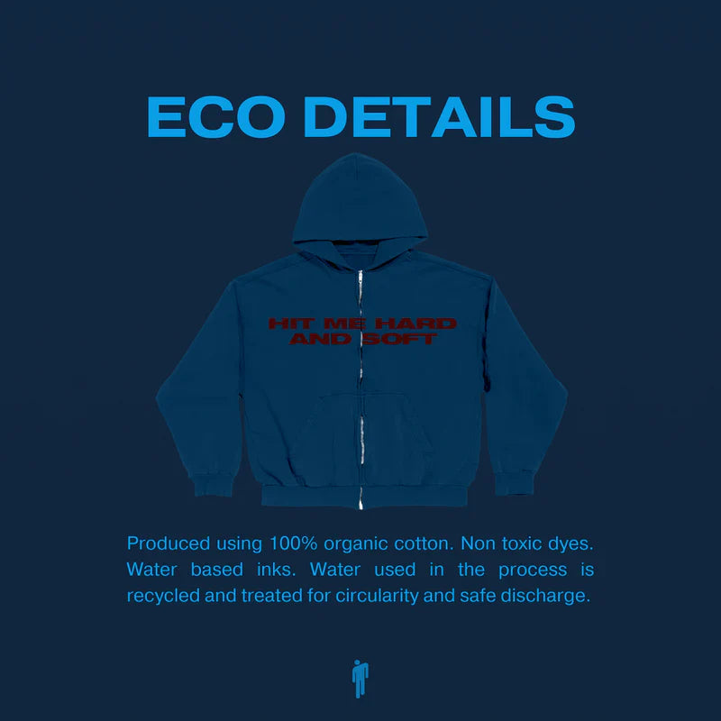 Eco-friendly details of Billie Eilish Blue & Red Zip Hoodie, produced using 100% organic cotton and non-toxic dyes.