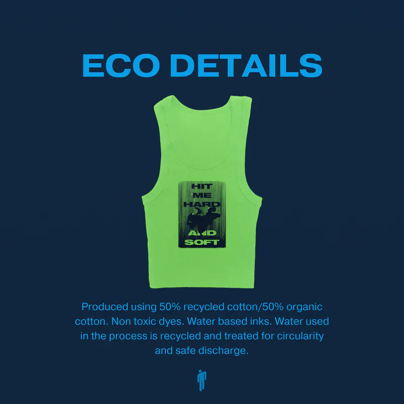 Eco-friendly details of Billie Eilish Hit Me Hard And Soft Green Crop Tank, produced using 50% recycled cotton and 50% organic cotton.