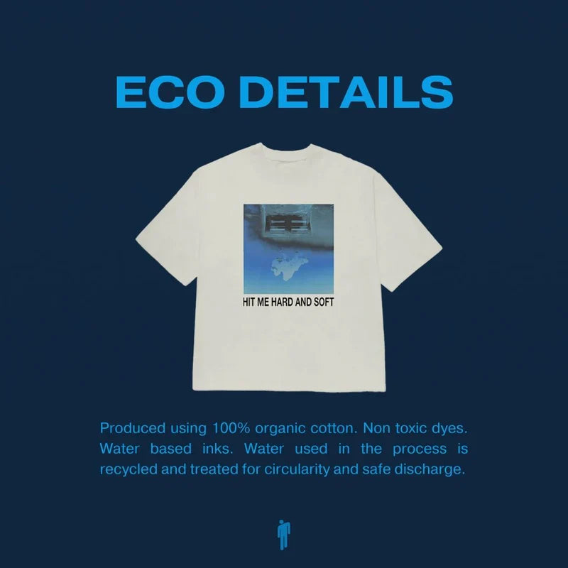 "Eco-friendly details of Billie Eilish Hit Me Hard And Soft White Cover Tee, produced using 100% organic cotton.