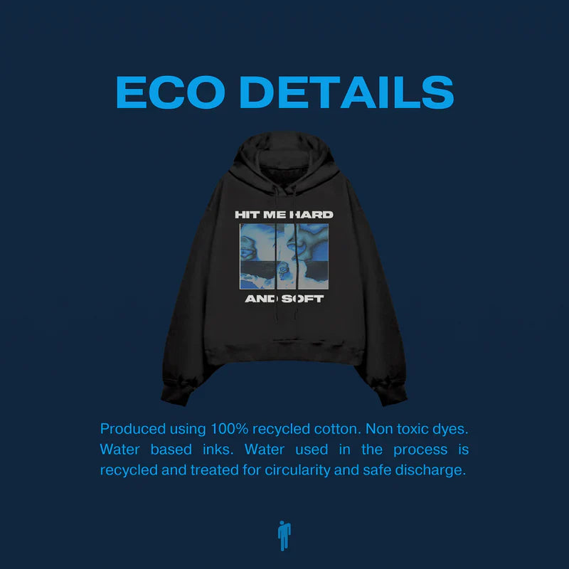 Eco-friendly details of the Thermal Photo Title Pullover Black Hoodie, produced using 100% recycled cotton.