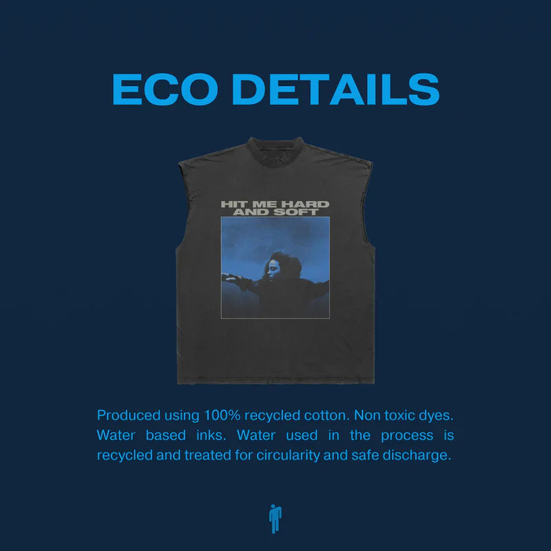 Eco-friendly details of Billie Eilish Tracklist Cutoff Muscle T-Shirt, produced using 100% recycled cotton and non-toxic dyes.