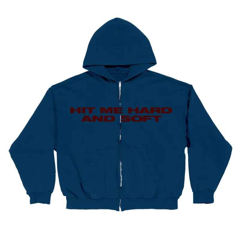 Front view of Billie Eilish Blue & Red Zip Hoodie featuring 'HIT ME HARD AND SOFT' text in red on a blue hoodie.