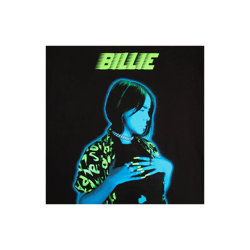 Front view detail of Billie Eilish Neon Photo Long Sleeve showcasing the neon graphic of Billie Eilish with green 'BILLIE' text.