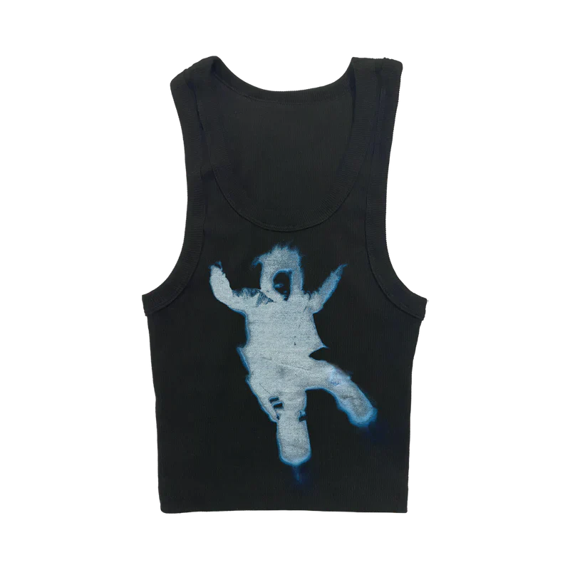 Front view of Billie Eilish Falling Ribbed Crop Tank with a graphic of a falling figure on a black tank top.