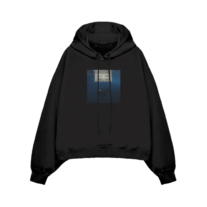 Front view of Billie Eilish Hit Me Hard And Soft Black Cover Pullover Hoodie with cover art print on a black hoodie