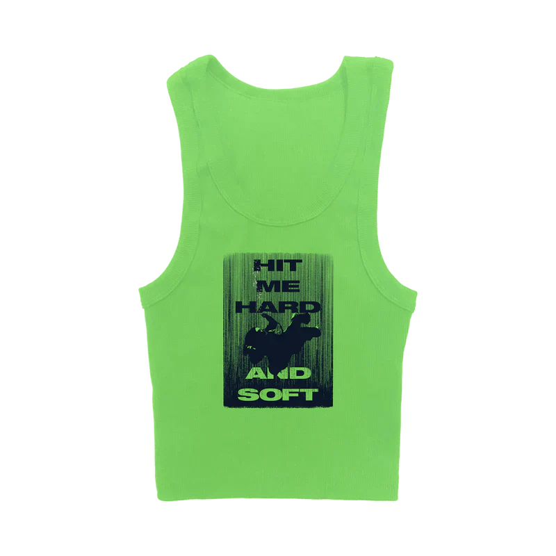 Front view of Billie Eilish Hit Me Hard And Soft Green Crop Tank with bold graphic design on a bright green tank top.