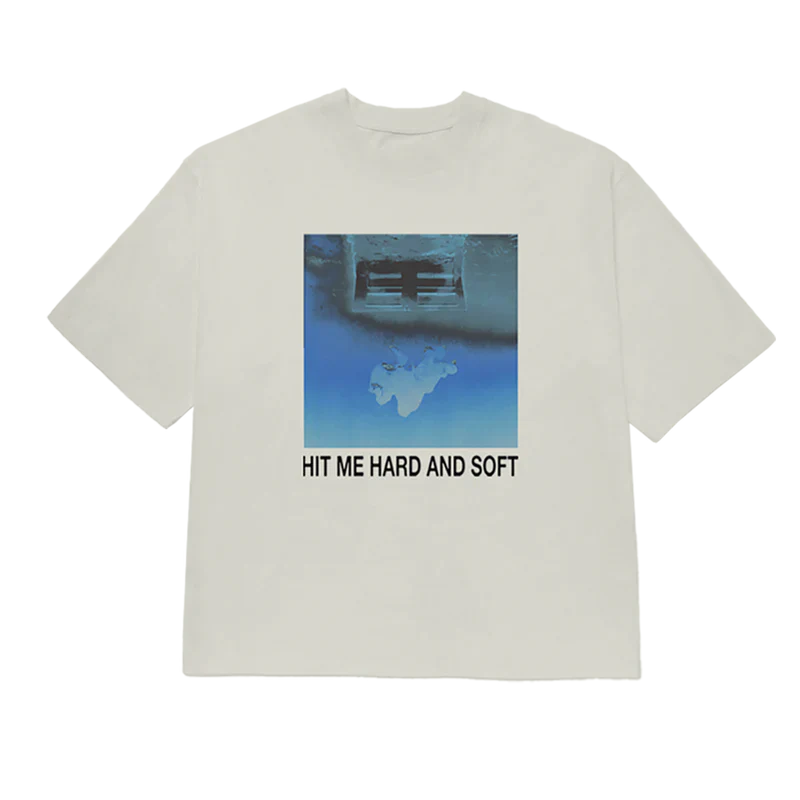 Front view of Billie Eilish Hit Me Hard And Soft White Cover Tee with a blue graphic design and text.