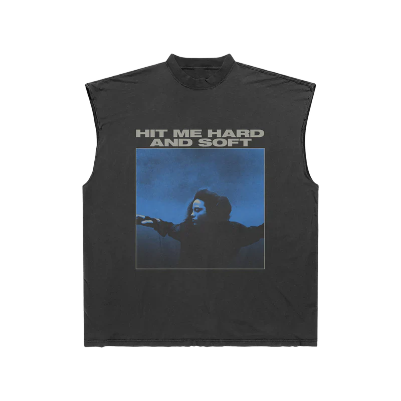 Front view of Billie Eilish Tracklist Cutoff Muscle T-Shirt with a graphic design and 'HIT ME HARD AND SOFT' text