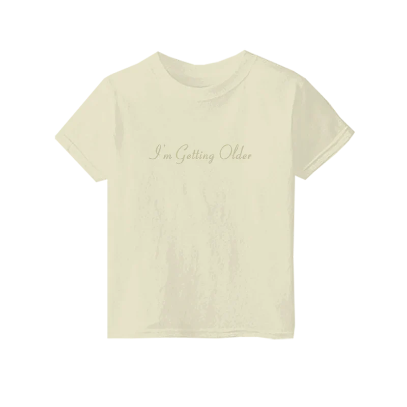 Product image of the white "I'm Getting Older" organic youth T-shirt from Billie Eilish merch.