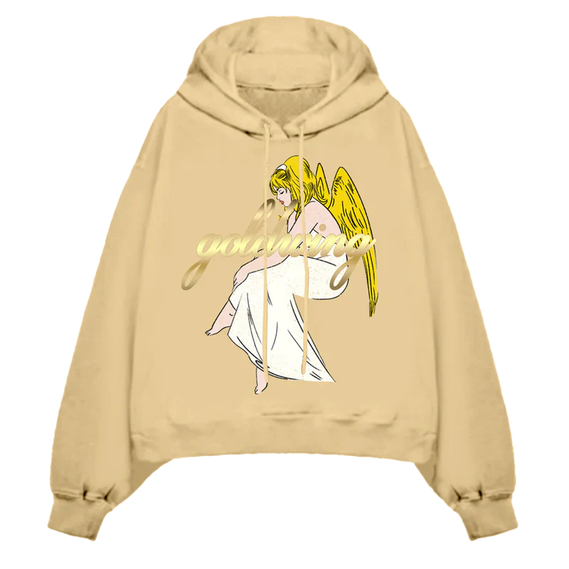 Beige hoodie featuring an angel graphic with gold wings and the text "goldwing" in script, part of the Billie Eilish merch collection