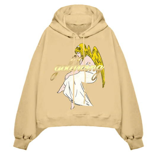 Beige hoodie featuring an angel graphic with gold wings and the text "goldwing" in script, part of the Billie Eilish merch collection