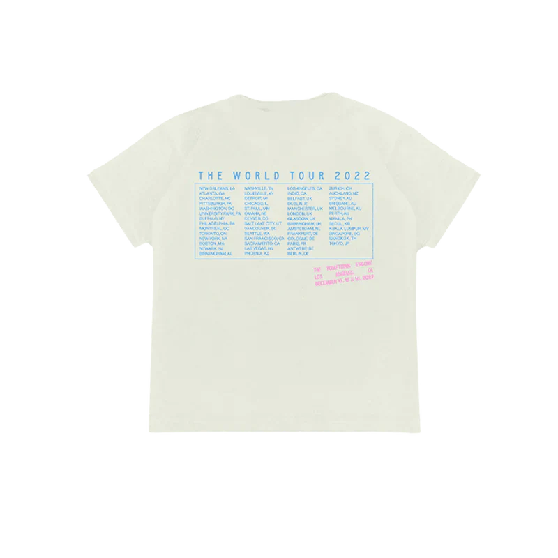 Back view of the white Happier Than Ever Cloud Tour T-Shirt from Billie Eilish merch, listing cities for "The World Tour 2022" in blue text