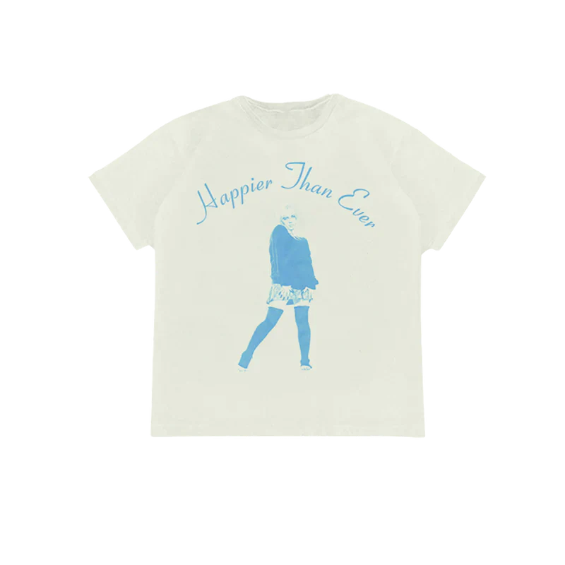 White T-shirt featuring a blue graphic of Billie Eilish and "Happier Than Ever" text, part of the Billie Eilish merch collection