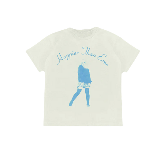 White T-shirt featuring a blue graphic of Billie Eilish and "Happier Than Ever" text, part of the Billie Eilish merch collection