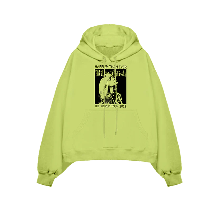 Lime green hoodie featuring a black and white graphic of Billie Eilish with "Happier Than Ever" and "The World Tour 2022" text, part of the Billie Eilish merch collection.