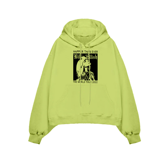 Lime green hoodie featuring a black and white graphic of Billie Eilish with "Happier Than Ever" and "The World Tour 2022" text, part of the Billie Eilish merch collection.