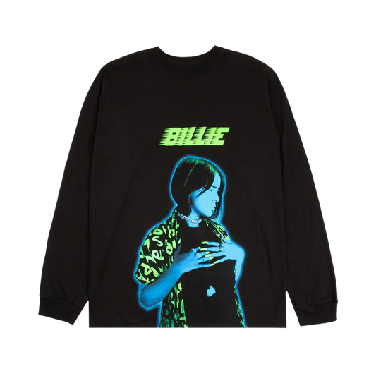 Billie Eilish Neon Photo Long Sleeve featuring a vibrant neon graphic of Billie Eilish with green 'BILLIE' text on a black long sleeve t-shirt