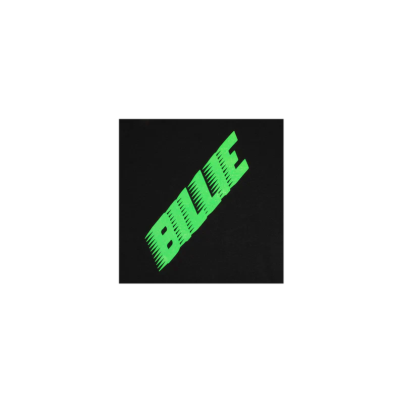 Close-up view of the neon green "BILLIE" text on the front of the Racer Black Hoodie from Billie Eilish merch.