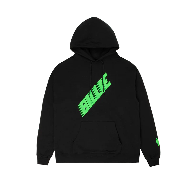 Black hoodie with "BILLIE" printed in neon green diagonal text on the front, part of the Billie Eilish merch collection.