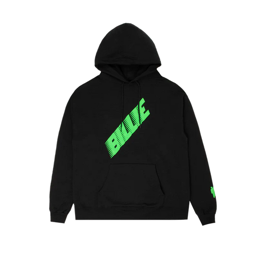 Black hoodie with "BILLIE" printed in neon green diagonal text on the front, part of the Billie Eilish merch collection.