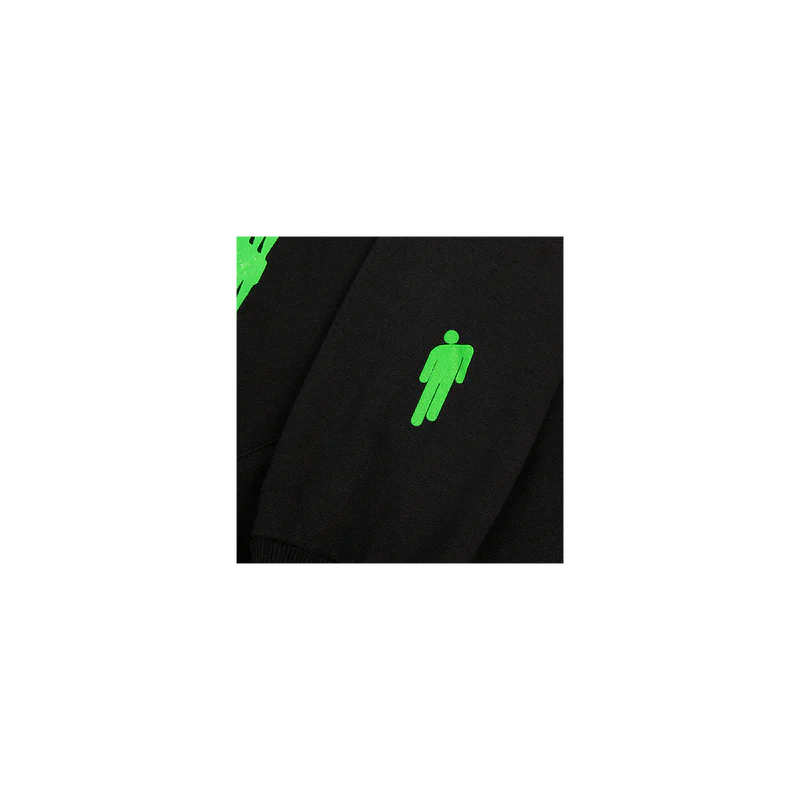 Close-up of neon green stick figure design on the sleeve of the Racer Black Hoodie from Billie Eilish merch.