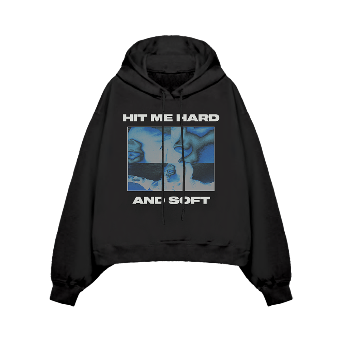 Front view of the Thermal Photo Title Pullover Black Hoodie featuring a blue thermal image with 'HIT ME HARD AND SOFT' text