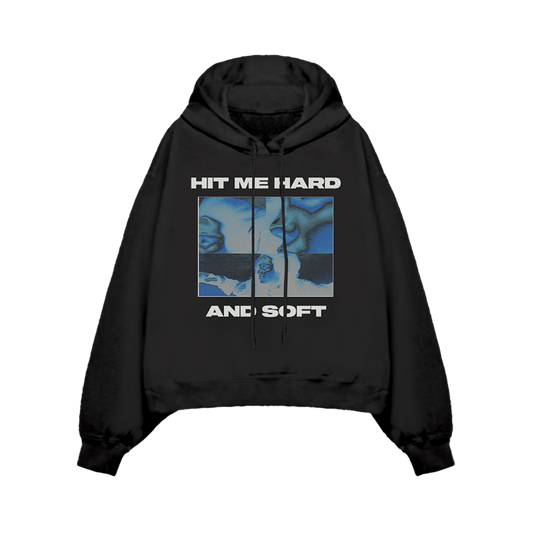 Front view of the Thermal Photo Title Pullover Black Hoodie featuring a blue thermal image with 'HIT ME HARD AND SOFT' text